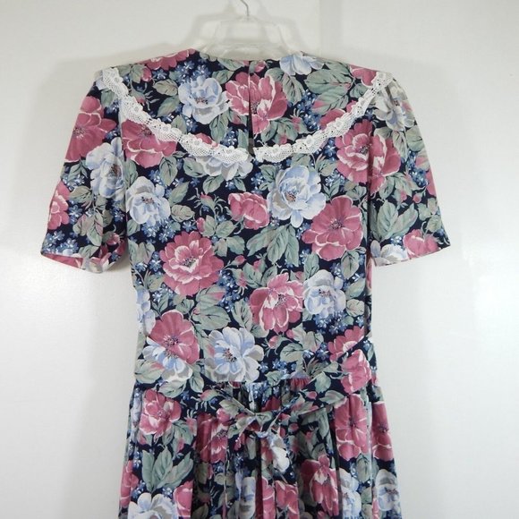 vintage 80s PRAIRIE DRESS COTTAGECORE floral pearl buttons midi puffy shoulder M - Picture 4 of 7